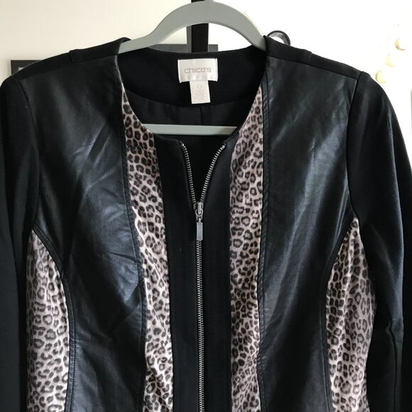 CHICO'S size 0 / S Black Faux Leather & Ponte Leopard Print Accent Zip Jacket - Picture 2 of 4